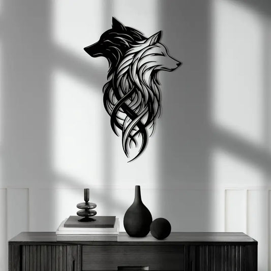 Wolf Premium Akralic Wall Decor, Black And White Dual Wolf Head Modern Home